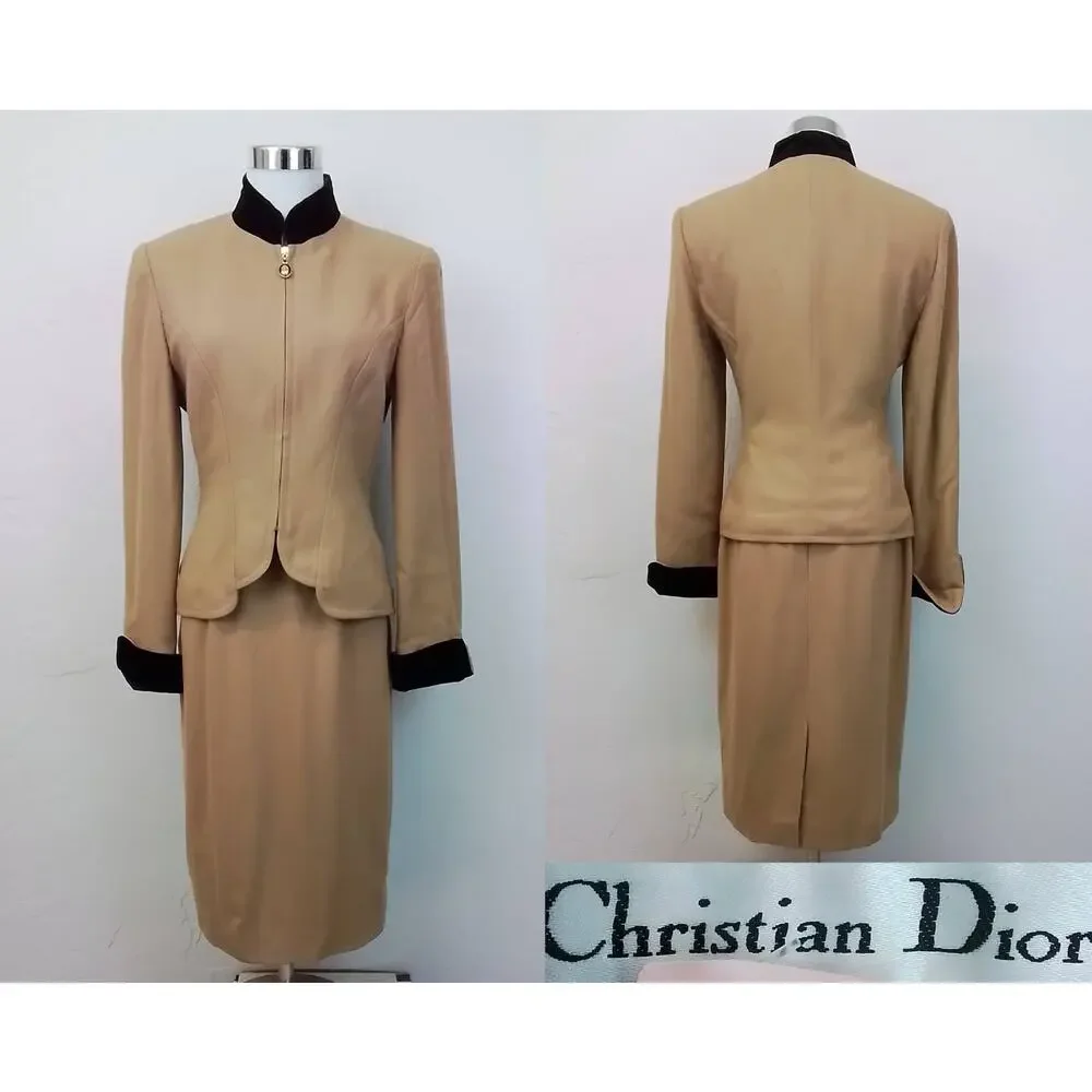 Christian Dior Skirt Suit Set Women's 4 Brown/Black Velvet Jacket + Skirt #J3401